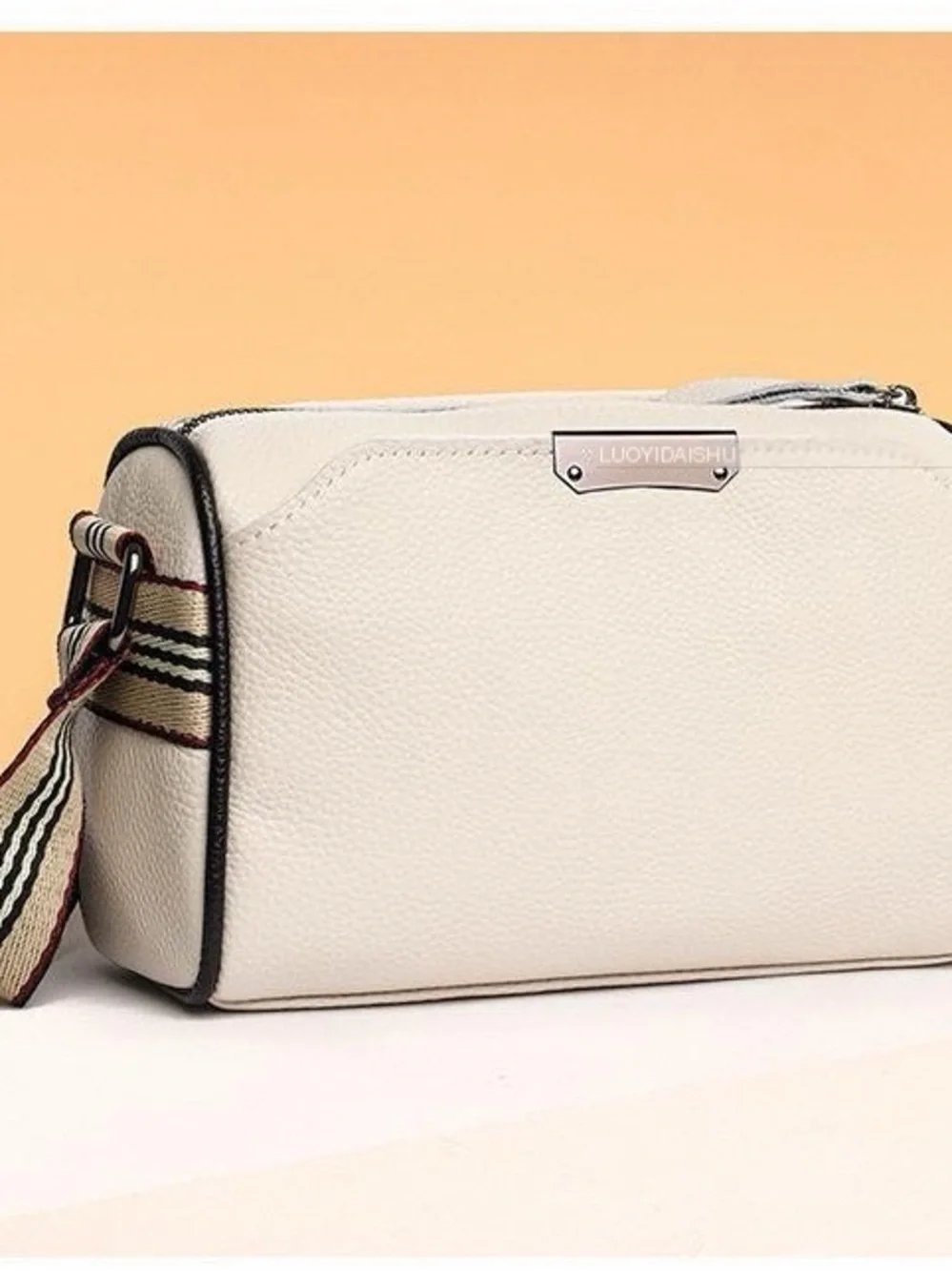 Off White Genuine Leather Crossbody Bag with Striped Strap